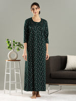 Emerald Green Embroidered Cotton Blend Nighty for Women
