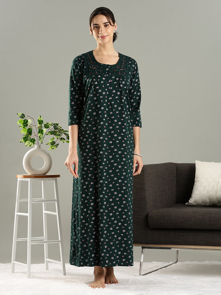 Branded Green Embroidered Cotton Blend Women's Nighty