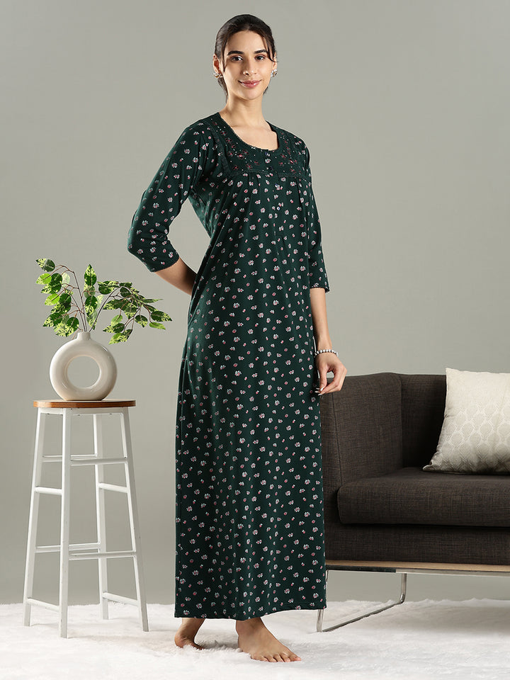 Branded Green Embroidered Cotton Blend Women's Nighty
