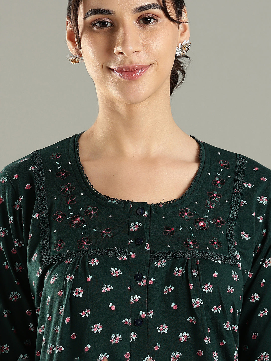 Branded Green Embroidered Cotton Blend Women's Nighty
