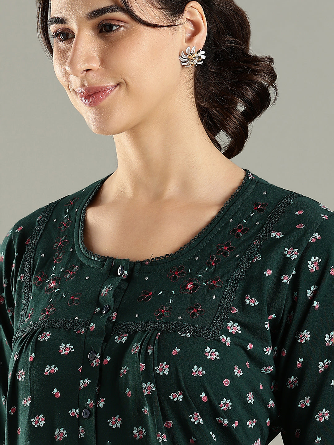 Branded Green Embroidered Cotton Blend Women's Nighty