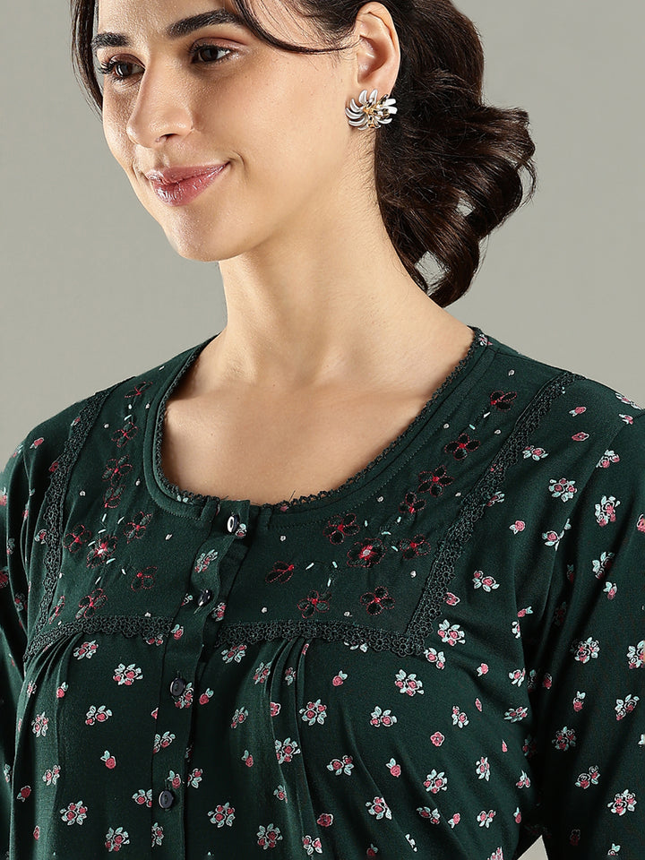Branded Green Embroidered Cotton Blend Women's Nighty