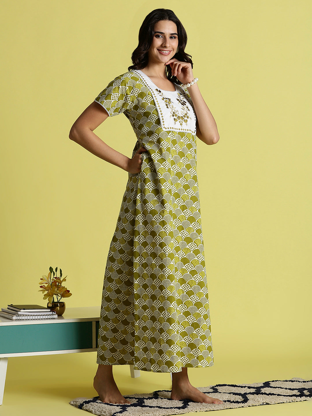 Mehandi Green Pure Cotton Night Dress For Women