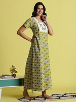 Mehandi Green Pure Cotton Embroidered Nighty for Women