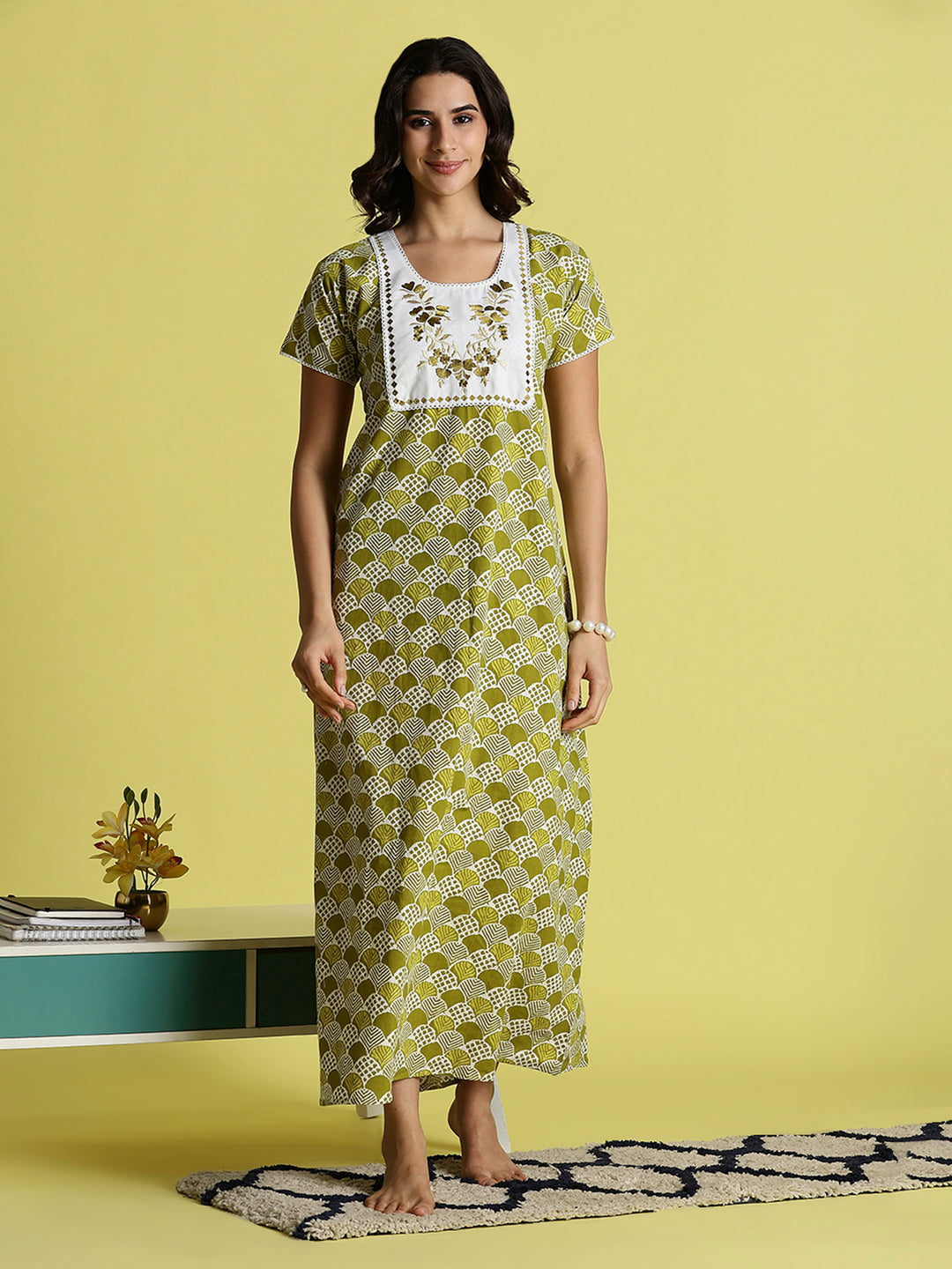 Mehandi Green Pure Cotton Night Dress For Women
