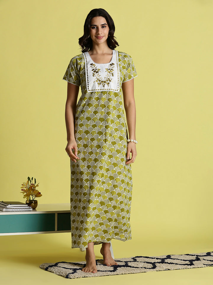 Mehandi Green Pure Cotton Night Dress For Women