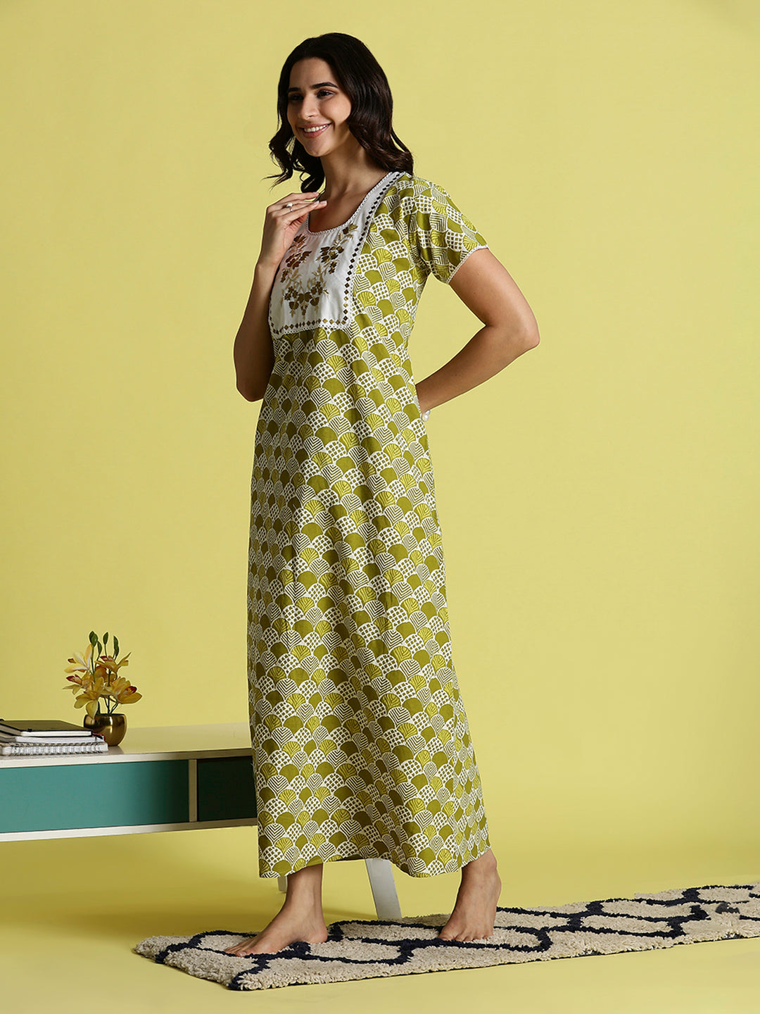 Mehandi Green Pure Cotton Night Dress For Women