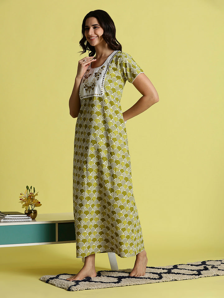 Mehandi Green Pure Cotton Night Dress For Women
