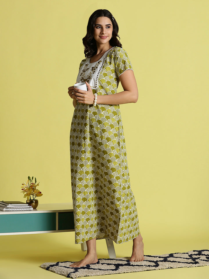 Mehandi Green Pure Cotton Night Dress For Women