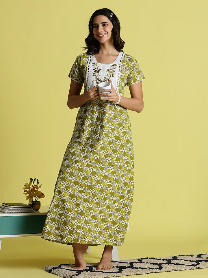 Mehandi Green Pure Cotton Night Dress For Women