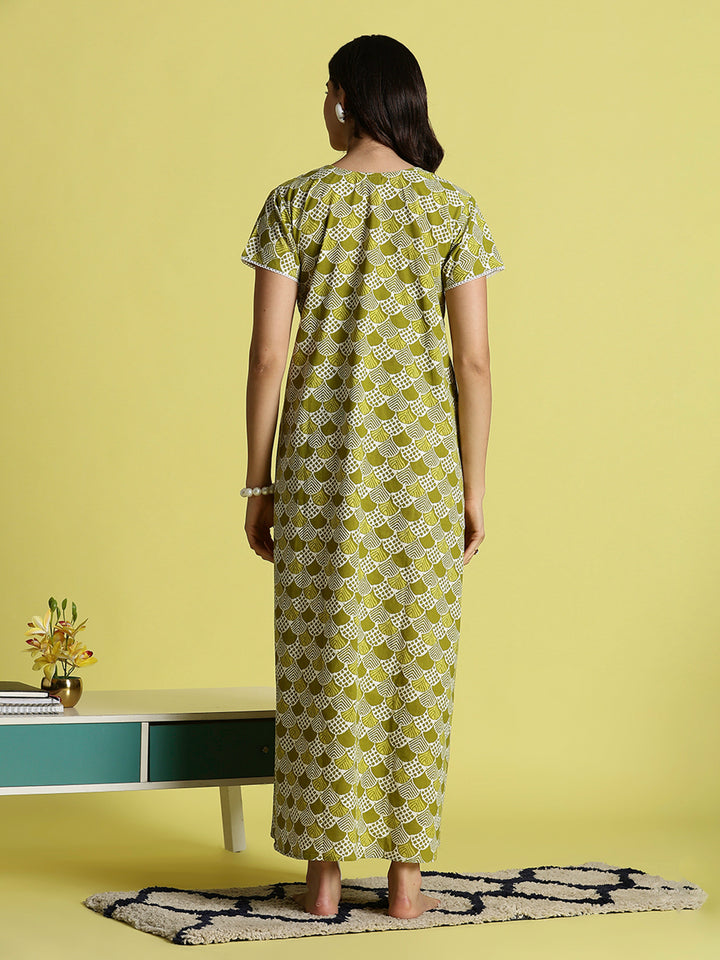 Mehandi Green Pure Cotton Night Dress For Women