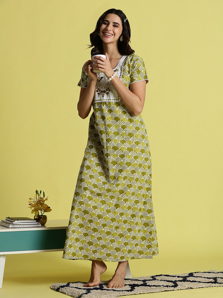 Mehandi Green Pure Cotton Night Dress For Women