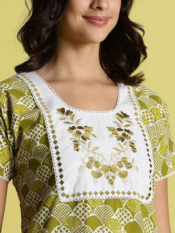 Mehandi Green Pure Cotton Night Dress For Women