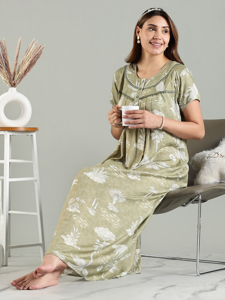 Premium Green Front Open Nighty For Women with Floral Design