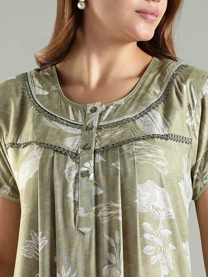 Premium Green Front Open Nighty For Women with Floral Design