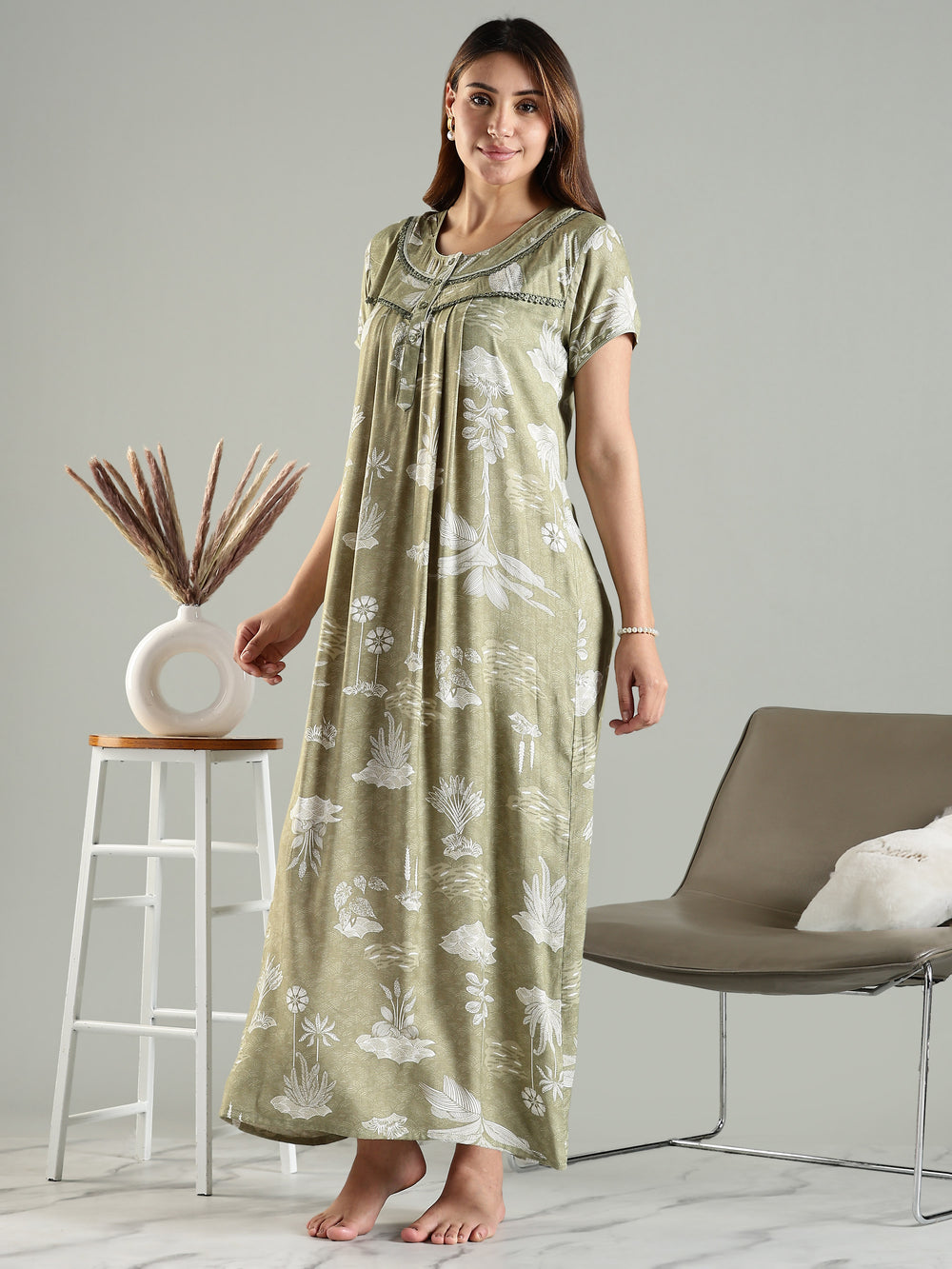 Premium Green Front Open Nighty For Women with Floral Design
