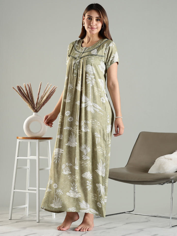 Premium Green Front Open Nighty For Women with Floral Design