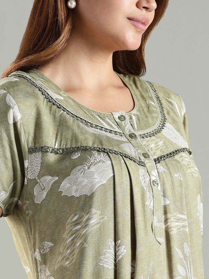 Premium Green Front Open Nighty For Women with Floral Design
