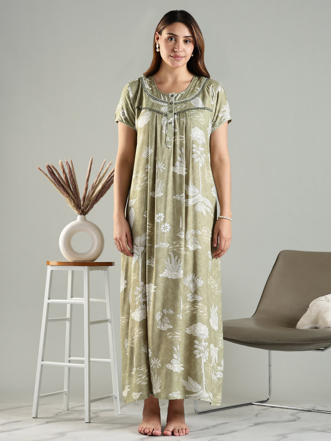 Premium Green Front Open Nighty For Women with Floral Design