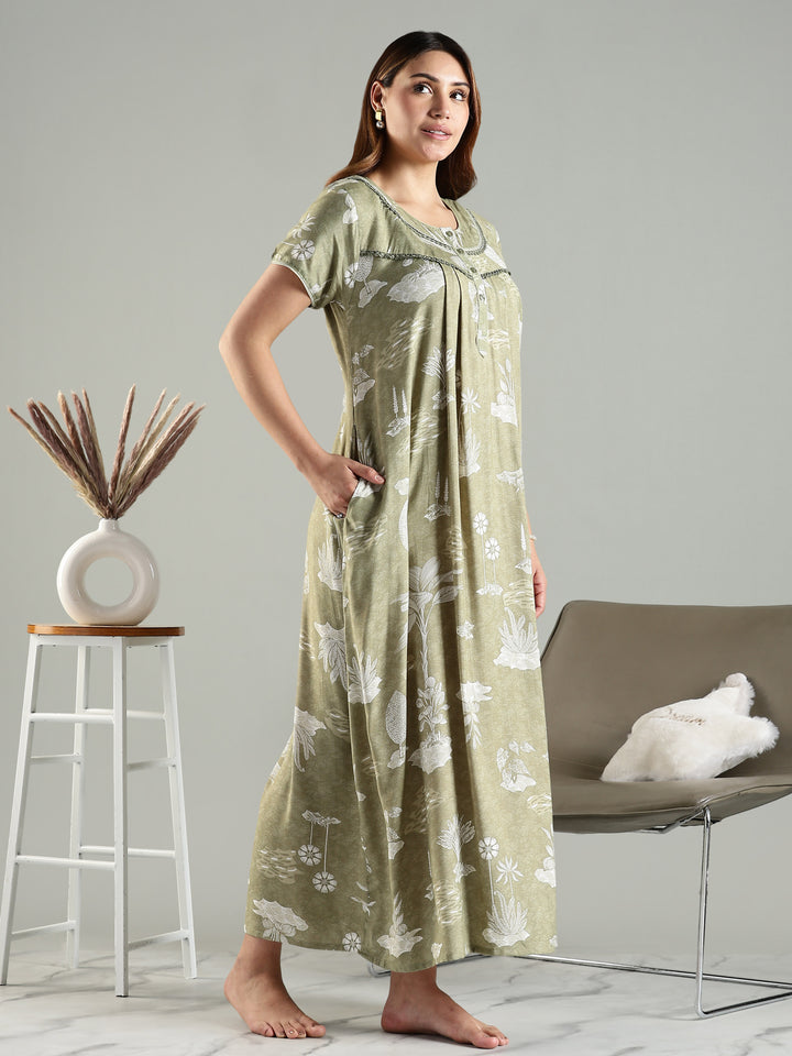 Premium Green Front Open Nighty For Women with Floral Design