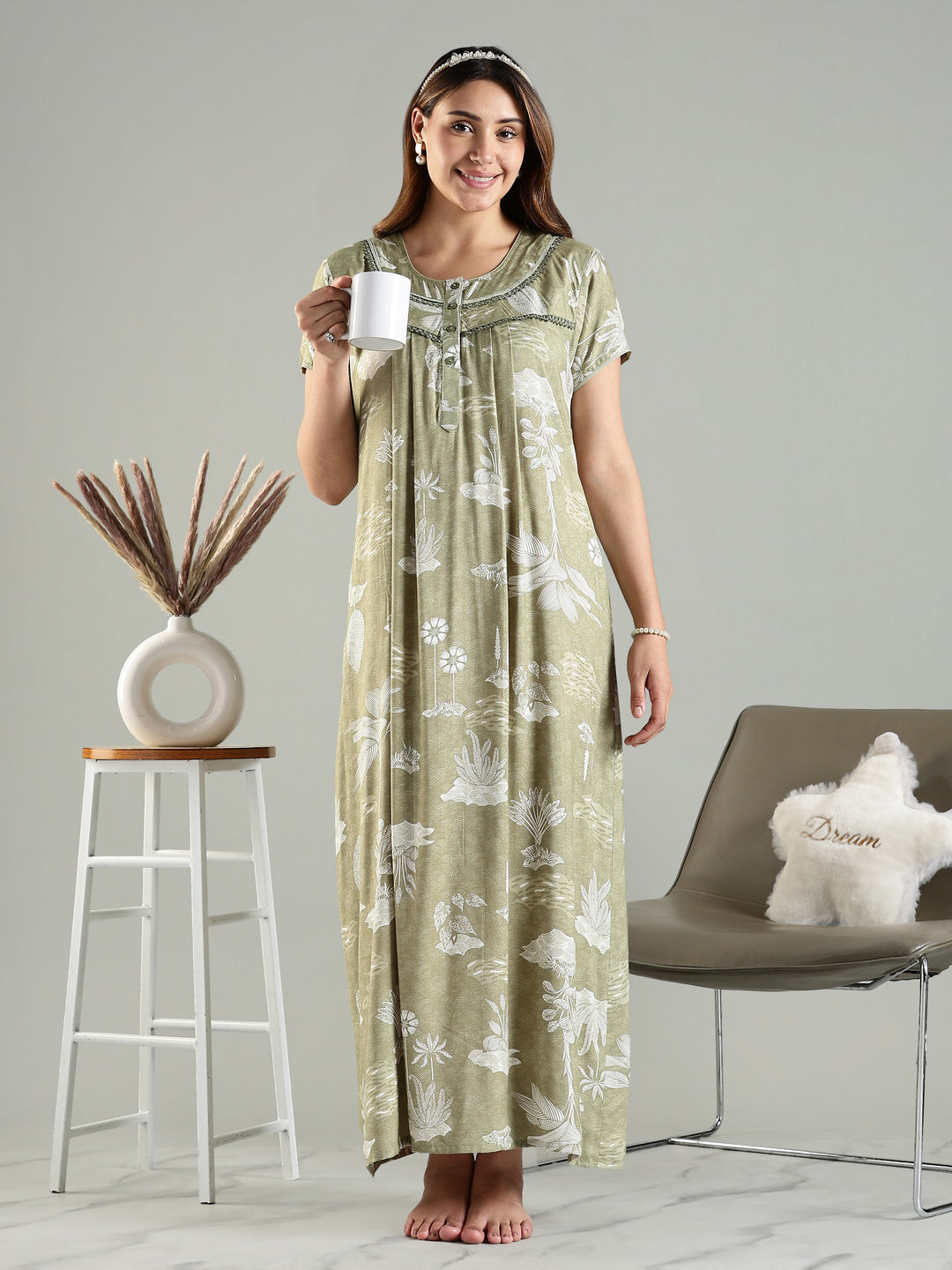 Premium Green Front Open Nighty For Women with Floral Design