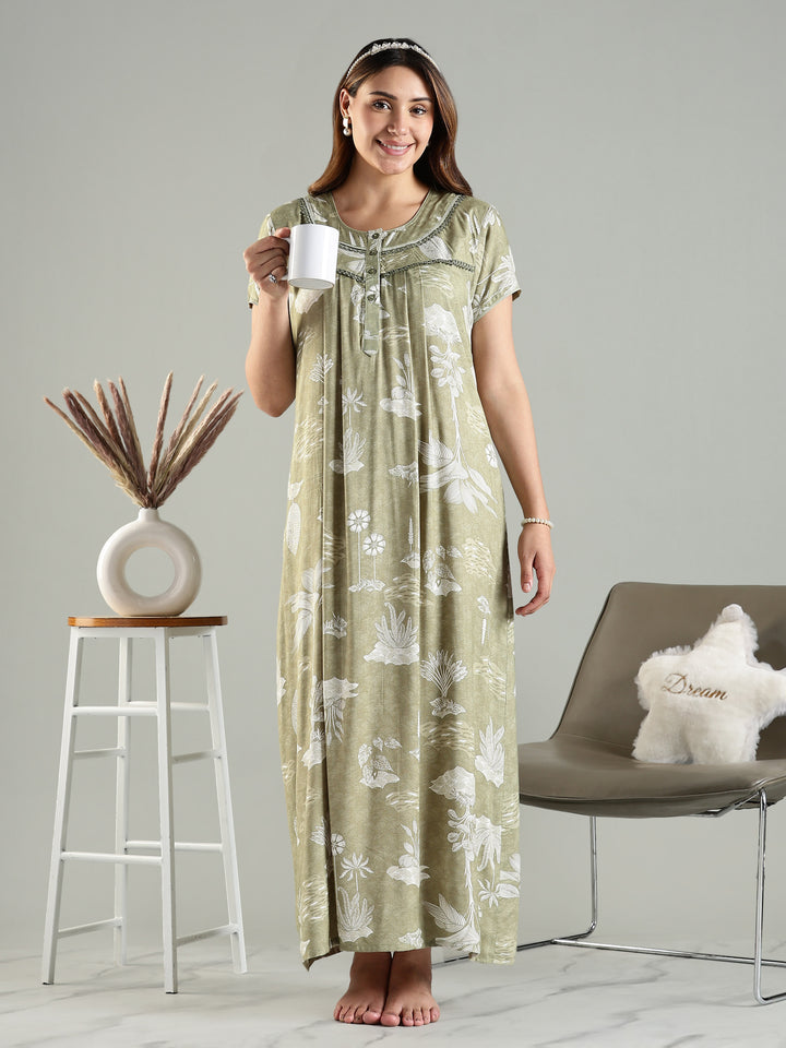 Premium Green Front Open Nighty For Women with Floral Design