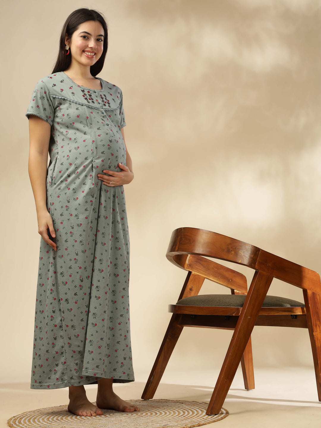 Greenish Green Maternity Night dress for Women