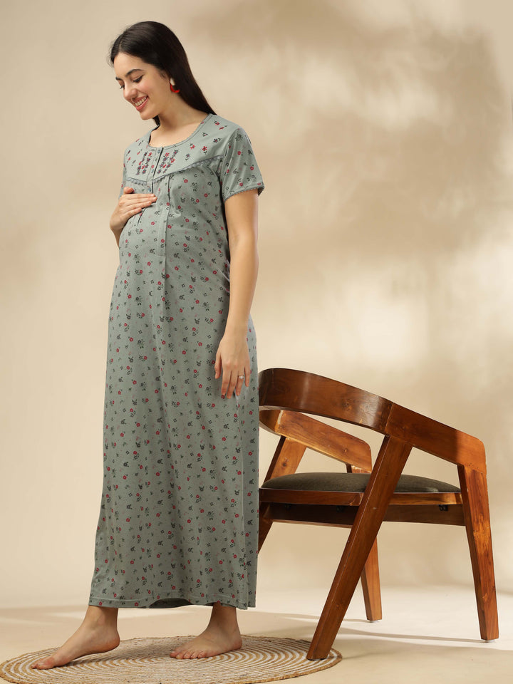 Greenish Green Maternity Night dress for Women