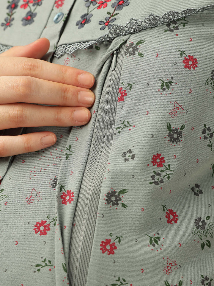 Greenish Green Maternity Night dress for Women