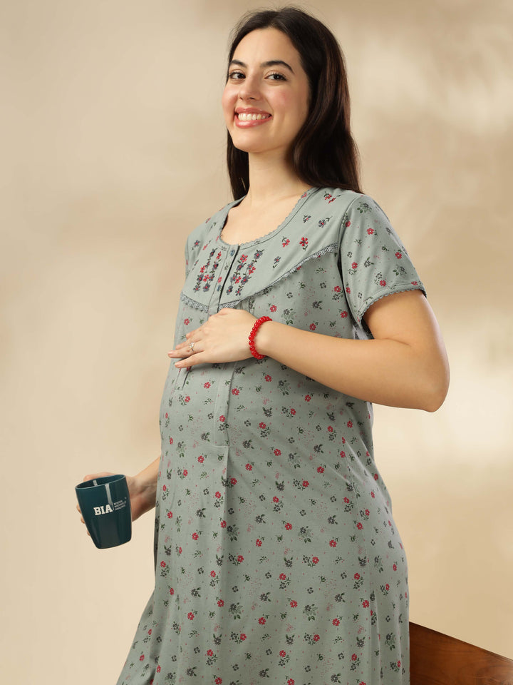 Greenish Green Maternity Night dress for Women