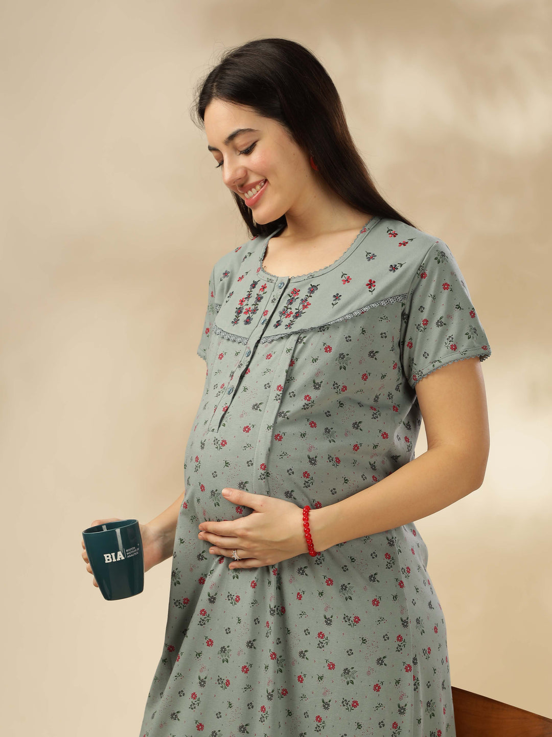 Greenish Green Maternity Night dress for Women