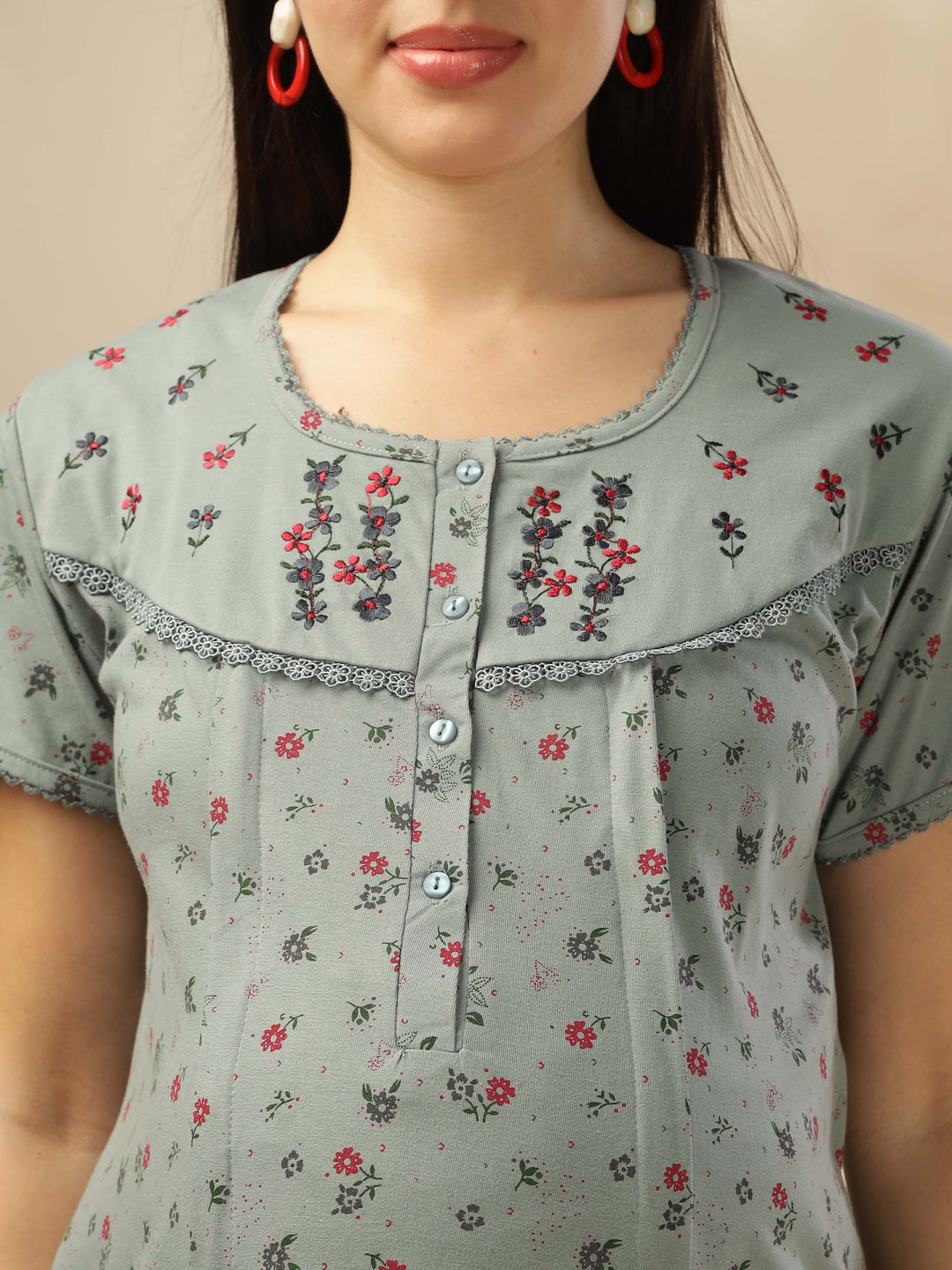 Greenish Green Maternity Night dress for Women