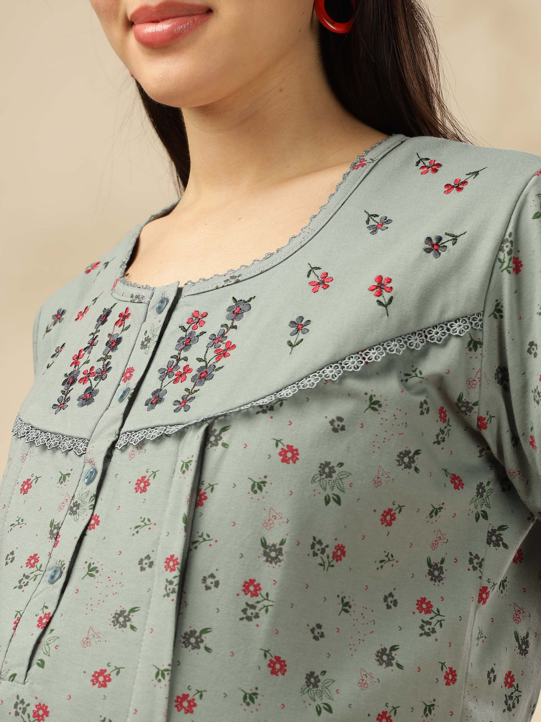 Greenish Green Maternity Night dress for Women