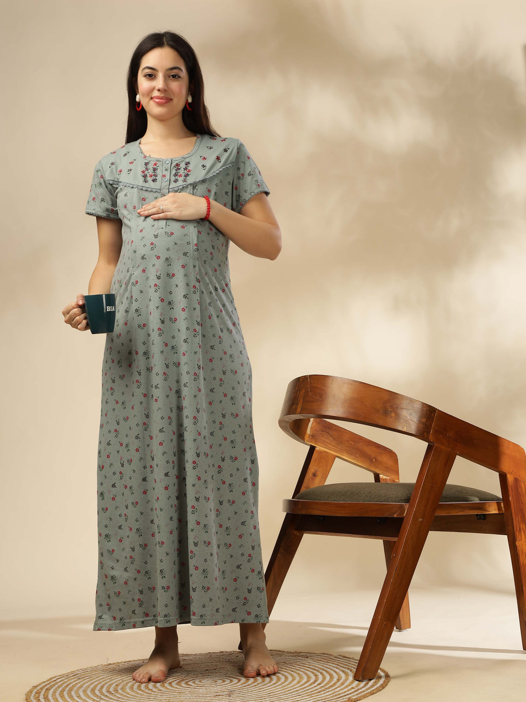 Greenish Green Maternity Night dress for Women