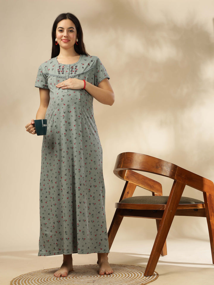 Greenish Green Maternity Night dress for Women