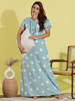 Polka Dot Green Rayon Nighty for Women with Lace and Pocket