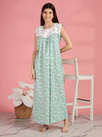 Saheli Pure Cotton Green Nighty for Women with Hakoba Yoke and Star Embroidery