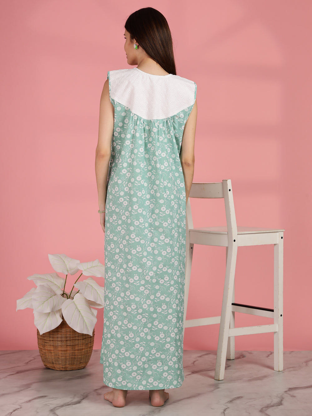 Green Pure Cotton Sleeveless Nighty for Women