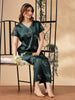 Satin Nighty for Women in Emerald Bloom with Lace Sleeves and Pocket