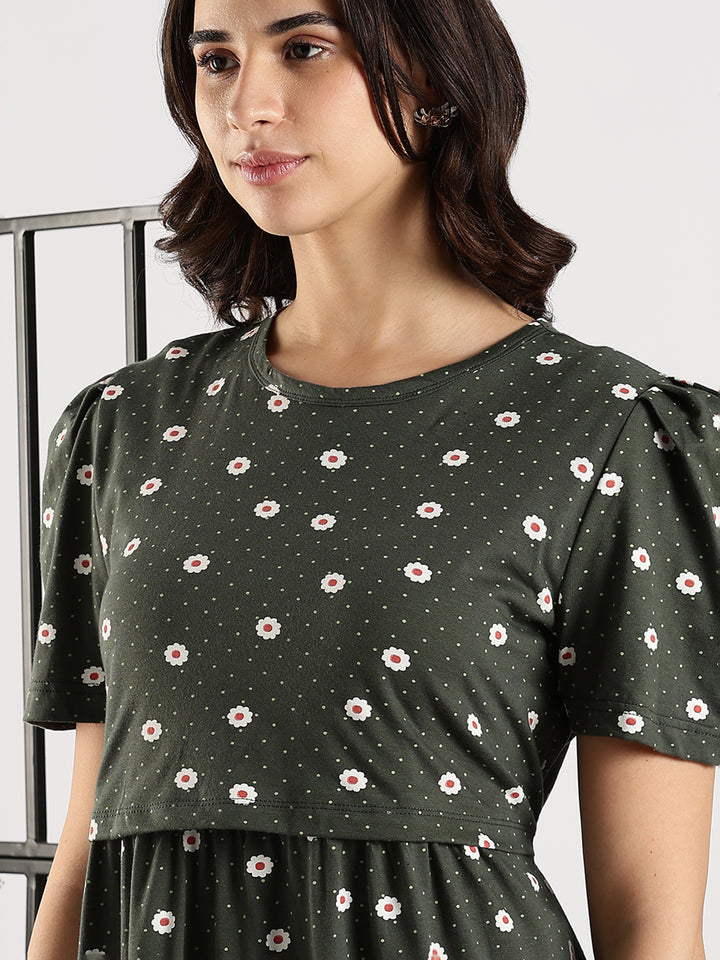 Bottle Green Branded Zipless Cozy Feeding Nighty for Women