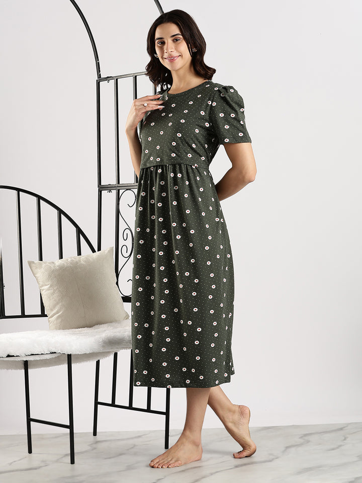 Bottle Green Branded Zipless Cozy Feeding Nighty for Women