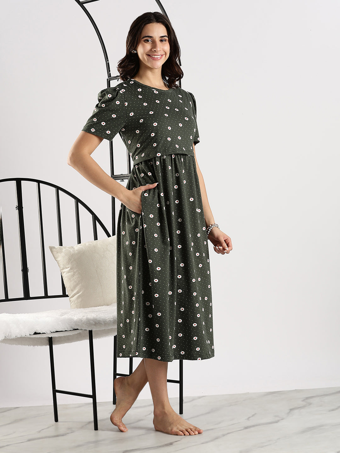 Bottle Green Branded Zipless Cozy Feeding Nighty for Women