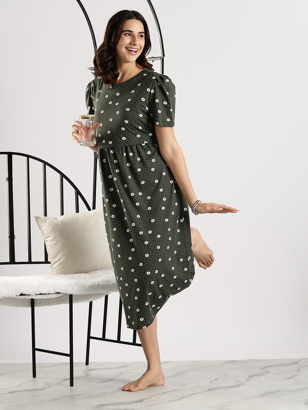 Bottle Green Branded Zipless Cozy Feeding Nighty for Women