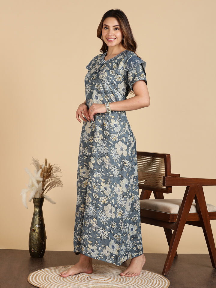 Grey Designer Maxi Frock Nighty For Women