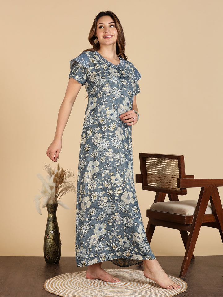 Grey Designer Maxi Frock Nighty For Women