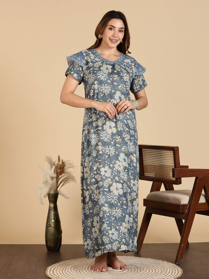 Grey Designer Maxi Frock Nighty For Women
