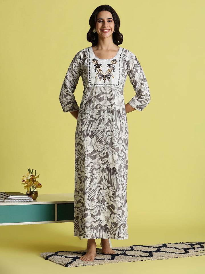 Grey Embroidered Pure Cotton Nighties For Women with Pocket