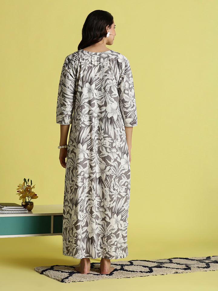 Grey Embroidered Pure Cotton Nighties For Women with Pocket