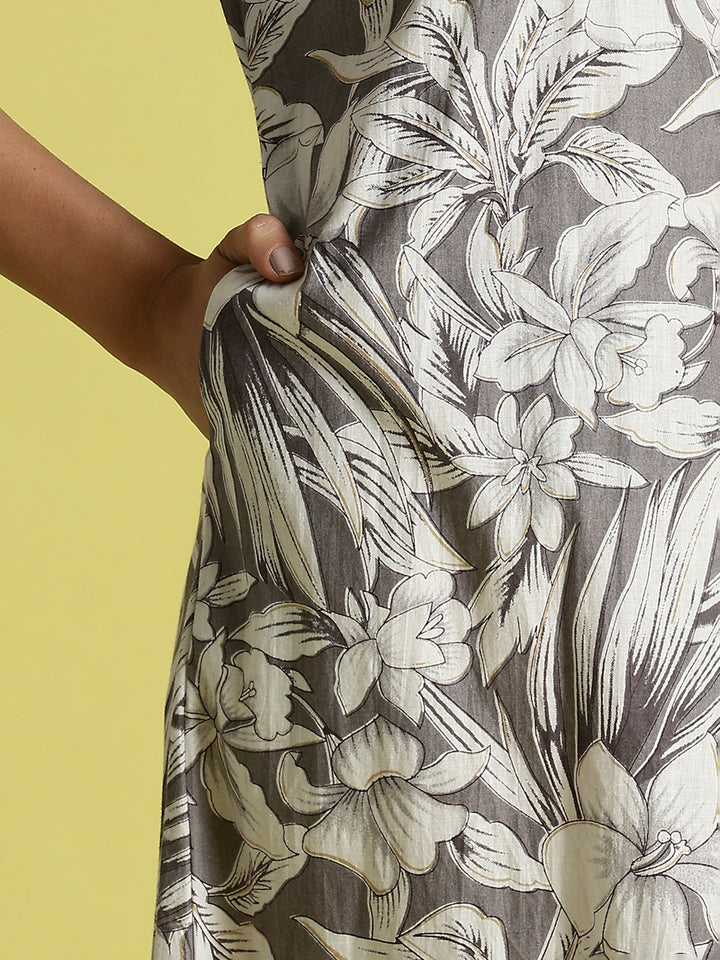 Grey Embroidered Pure Cotton Nighties For Women with Pocket