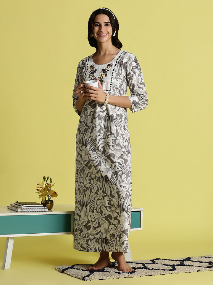 Grey Embroidered Pure Cotton Nighties For Women with Pocket